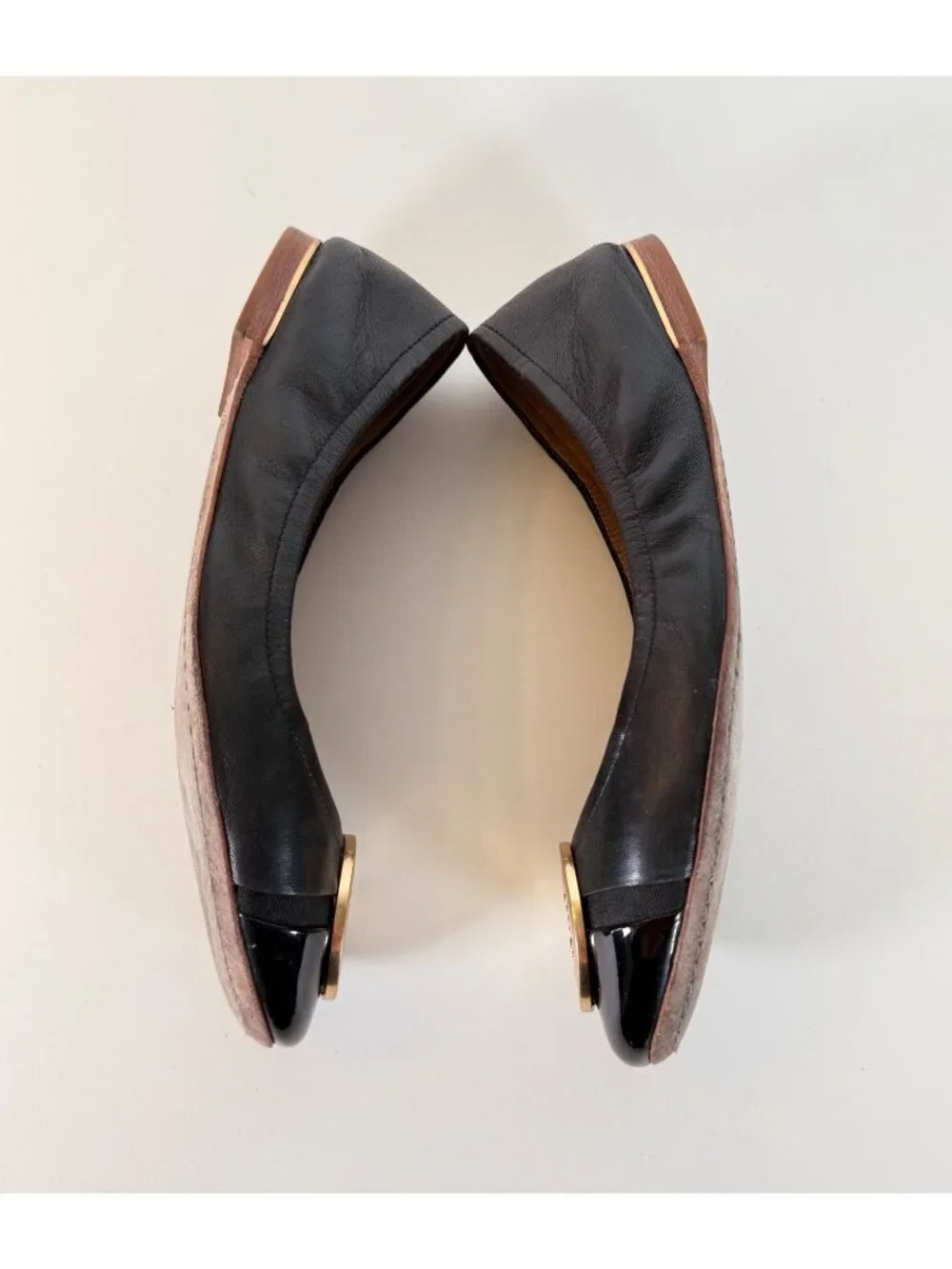 Tory Burch Minnie Patent Leather Cap Toe Ballet Flats Black Gold TB Logo